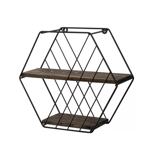 Hexagonal Metal Shelf 44x40x15cm, Črna-Oreh