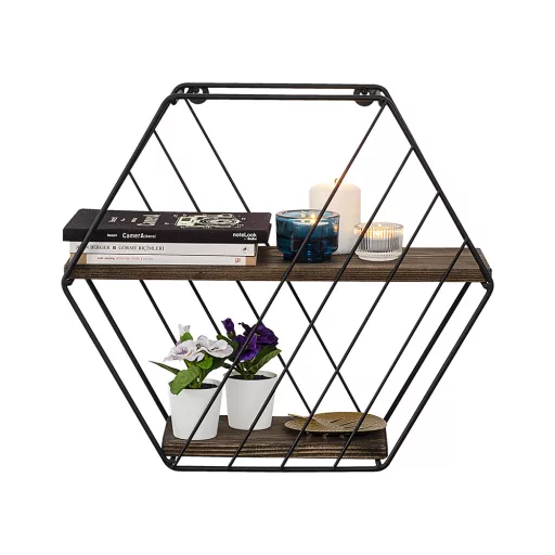 Hexagonal Metal Shelf 44x40x15cm, Črna-Oreh