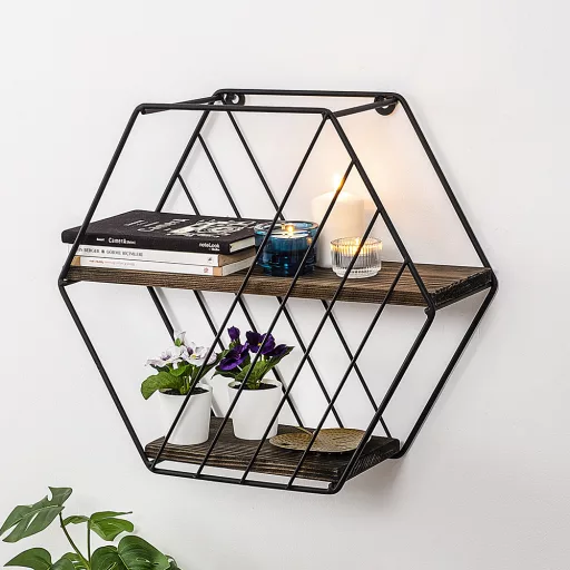 Hexagonal Metal Shelf 44x40x15cm, Črna-Oreh