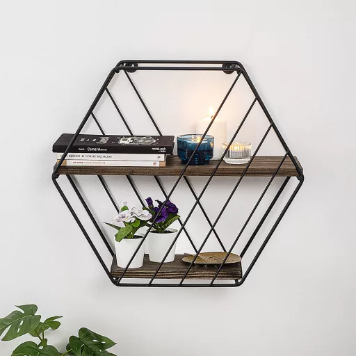 Hexagonal Metal Shelf 44x40x15cm, Črna-Oreh