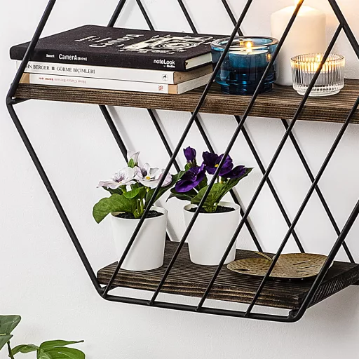 Hexagonal Metal Shelf 44x40x15cm, Črna-Oreh
