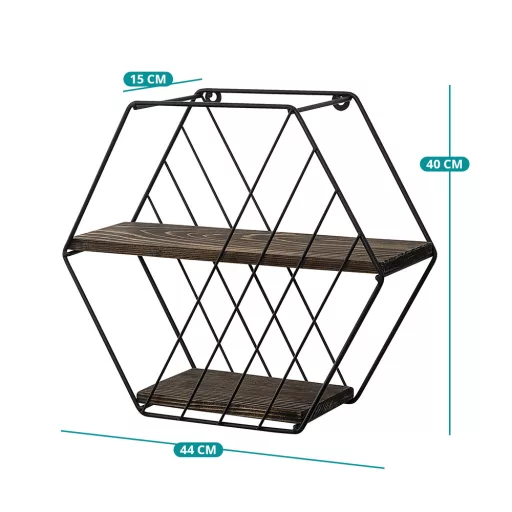Hexagonal Metal Shelf 44x40x15cm, Črna-Oreh