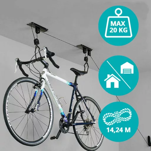 Dvižna naprava za kolo, pritrjena na strop - Oblika, ki prihrani prostor, nosilnost 20 kg, sponke, odporne na praske