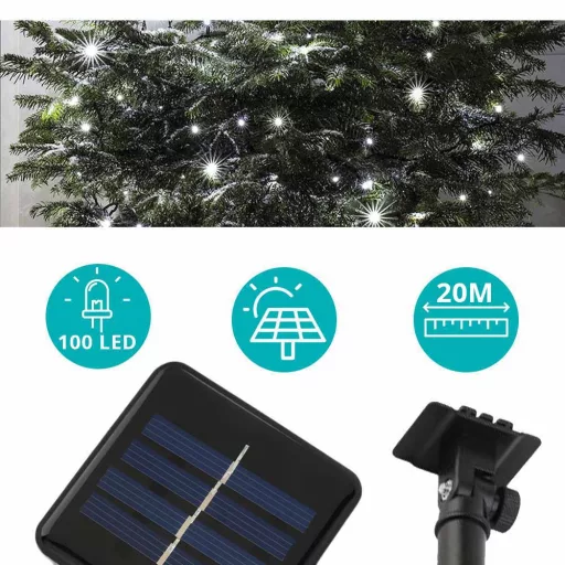 100 LED Solar Garden String Lights - 20 Meter - Cool White, Weatherproof