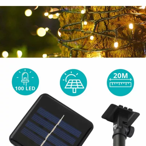 100 LED Solar Garden String Lights - 20m, Warm White, Weatherproof