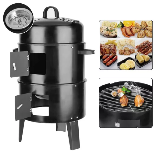 Ogljikov BBQ dimnik z 3 rešetkami za peko in vgrajenim termometrom