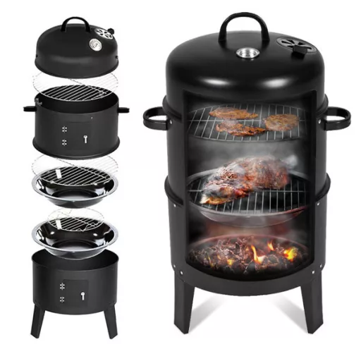 Ogljikov BBQ dimnik z 3 rešetkami za peko in vgrajenim termometrom