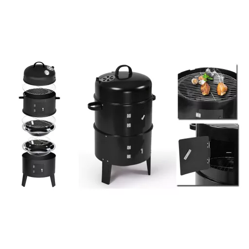 Ogljikov BBQ dimnik z 3 rešetkami za peko in vgrajenim termometrom