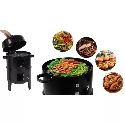 Ogljikov BBQ dimnik z 3 rešetkami za peko in vgrajenim termometrom