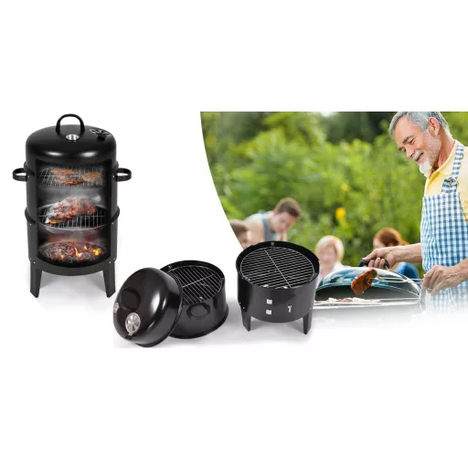 Ogljikov BBQ dimnik z 3 rešetkami za peko in vgrajenim termometrom