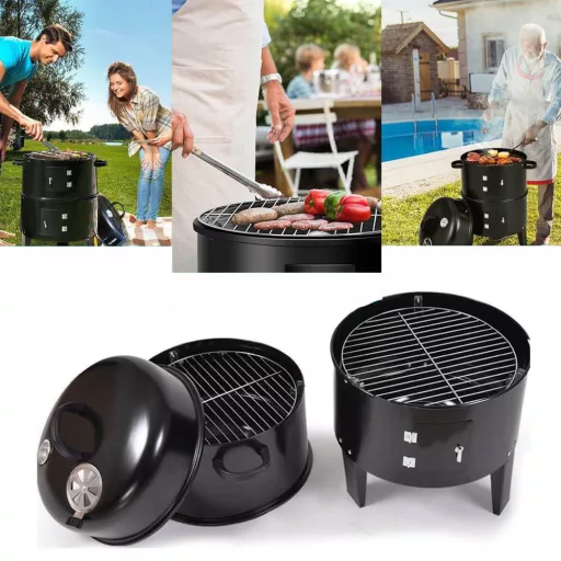 Ogljikov BBQ dimnik z 3 rešetkami za peko in vgrajenim termometrom