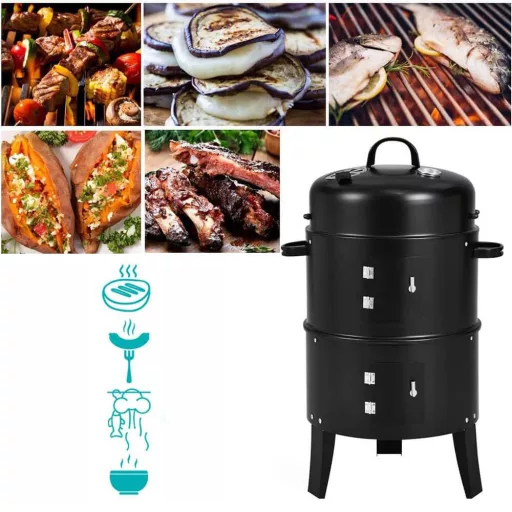 Ogljikov BBQ dimnik z 3 rešetkami za peko in vgrajenim termometrom
