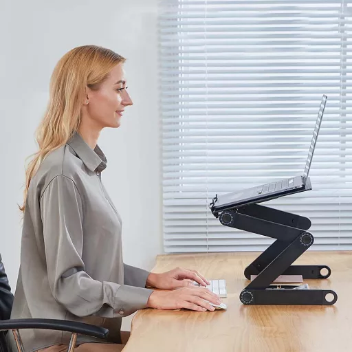 Nastavljiv stojalo za prenosni računalnik z odlagalno površino za miško - ergonomsko, prenosno, univerzalna zasnova