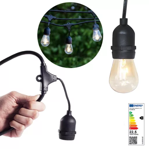 Vodoodporne dekorativne luči na vrvici s 15 E27 LED žarnicami, 14,6 m, topla bela