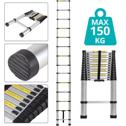 Telescopska aluminijasta lestev - 4,1 m, nosilnost 150 kg, nastavljiva višina, kompaktna zasnova