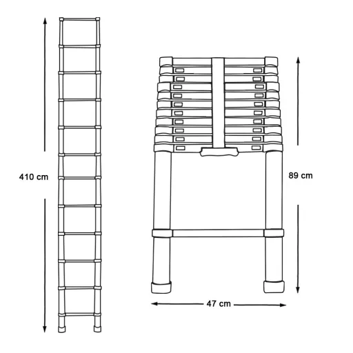 Telescopska aluminijasta lestev - 4,1 m, nosilnost 150 kg, nastavljiva višina, kompaktna zasnova