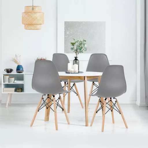 Moderna 4-delna jedilna stolčka v sivi - ergonomska zasnova z vzdržljivimi kovinskimi in lesenimi nogami