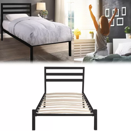 Kovinska postelja Bella z lesenimi letvami, različne velikosti in barve - črna 90x200 cm
