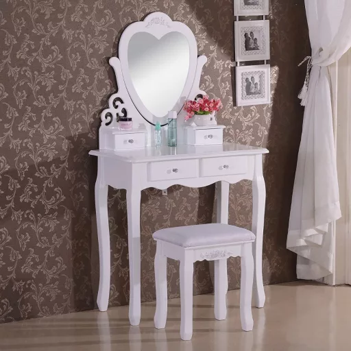 Elegantna ogledalna toaletna mizica s oblazinjeno stolico - snemljiv vrh, klasična zasnova