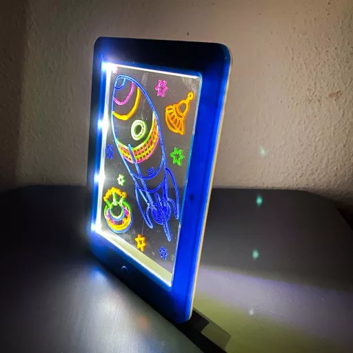 Osvetljena risalna tabla z neonskimi markerji in 3D očali - Tematika enorogov, dinozavrov in vesolja