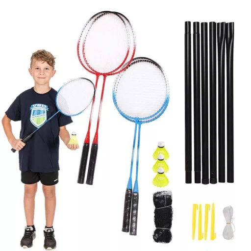 Prenosni badminton set z mrežo, 4 loparji in 3 peresniki