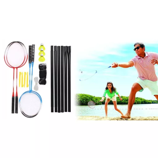 Prenosni badminton set z mrežo, 4 loparji in 3 peresniki