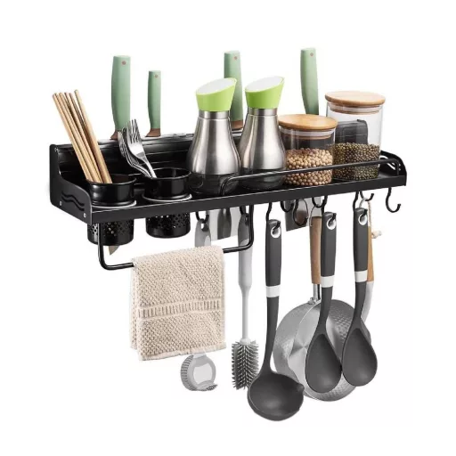 Stenski kuhinjski regal za shranjevanje z obeskov in dodatki - aluminij, 80x14x8.5 cm