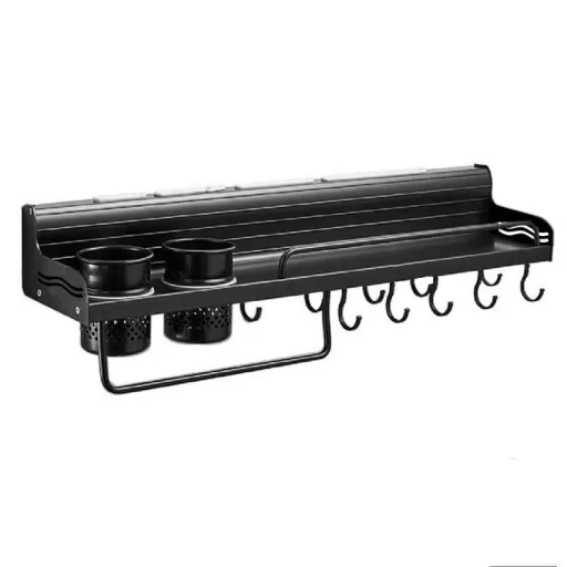 Stenski kuhinjski regal za shranjevanje z obeskov in dodatki - aluminij, 80x14x8.5 cm