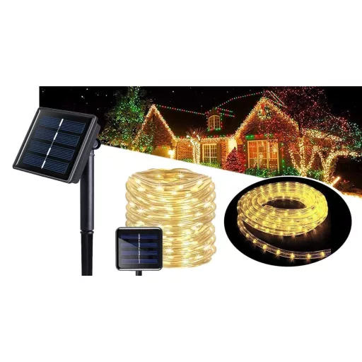 Solar LED Luči na Niz 10m - 100 Toplih Belih Žarnic, 8 Načinov Osvetlitve, Vodoodporni