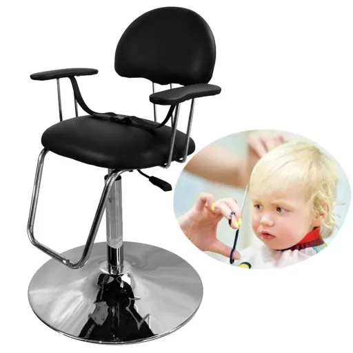 Nastavljiv črni otroški frizerski stol s varnostnim pasom in mehko oblazinjenje