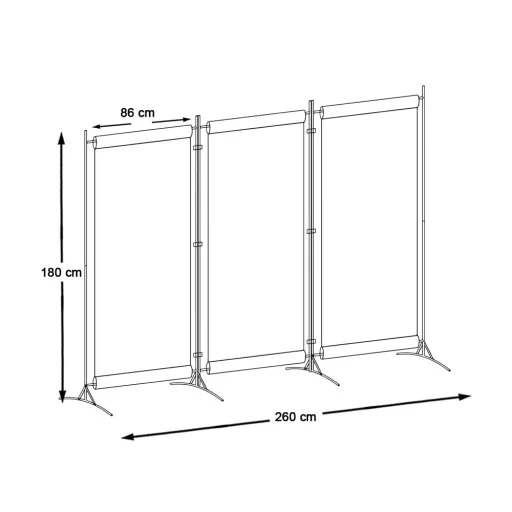 Zložljiv zaslon za delitev prostora 260x180cm z stabilnim kovinskim okvirjem - siva