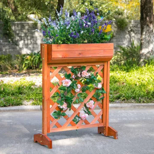 Lesena cvetlična škatla s rešetko - obdelan bor, zasnova, ki prihrani prostor za plezalne rastline, 56x30,5x76 cm
