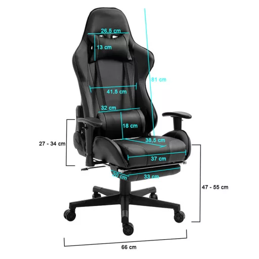 Ergonomska igralna stolica s podnožjem - nastavljivo naslonjalo, podpora za vrat in ledveni del