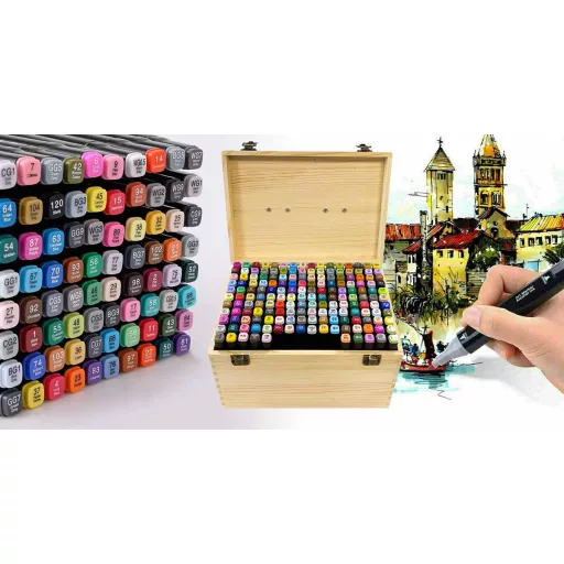 170-delni set markerjev z dvojno konico in barvno leseno škatlo - žive in pastelne barve