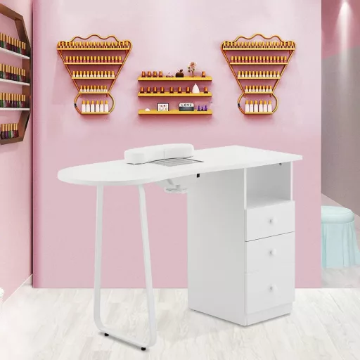 Manikurna miza z vgrajenim sesalnikom in 3 predali - eleganten bel dizajn