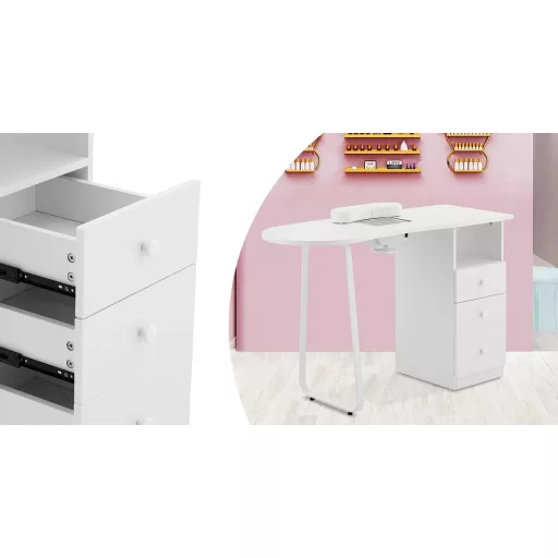 Manikurna miza z vgrajenim sesalnikom in 3 predali - eleganten bel dizajn