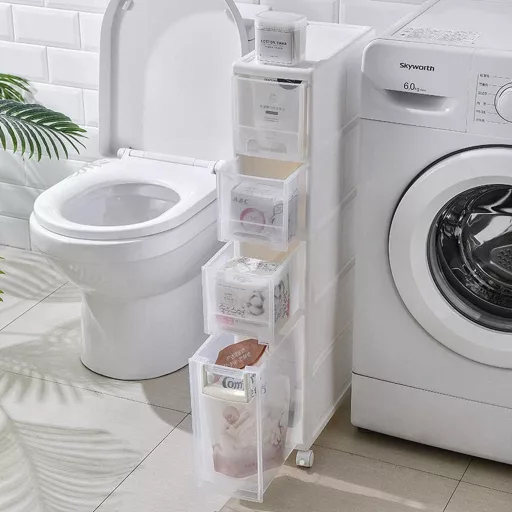 Omara za shranjevanje s 4 predali na izvlečenje z zakleljivimi kolesi - prostorsko varčen plastični organizator