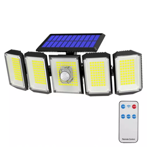 5-panelni rotacijski 300 LED solarni svetilnik z senzorjem gibanja in daljinskim upravljalnikom, IP65 vodoodporen