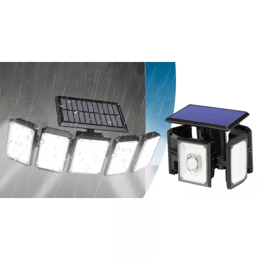 5-panelni rotacijski 300 LED solarni svetilnik z senzorjem gibanja in daljinskim upravljalnikom, IP65 vodoodporen