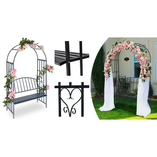 Rožna pergola v obliki srca z klopjo - trden kovinski okvir, zasnova za plezanje cvetlic