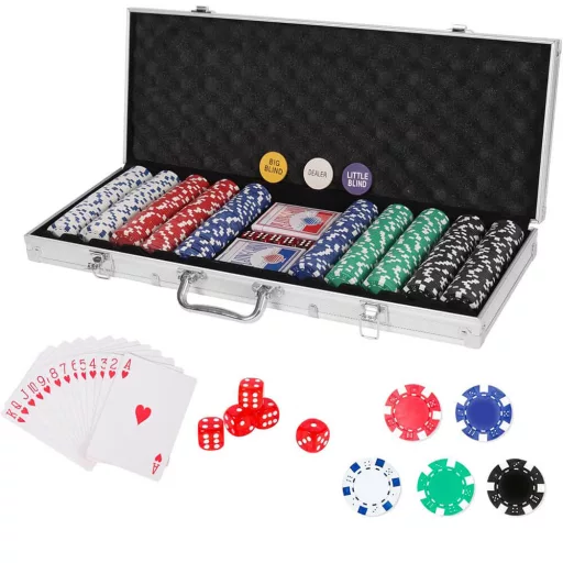 500-delni poker set v aluminijasti torbi s čipi, kartami in kockami