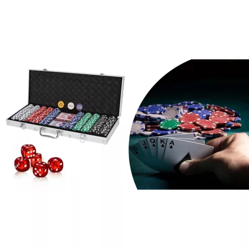 500-delni poker set v aluminijasti torbi s čipi, kartami in kockami
