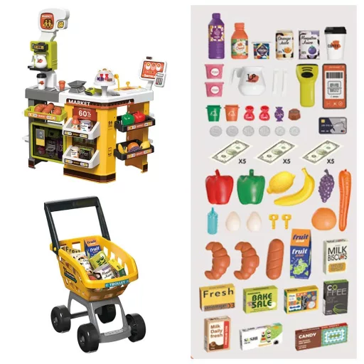 Rumena 65-delna igrača supermarket set z realističnimi dodatki