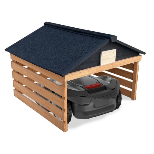 Vremensko odporna lesena skladiščna hiša za robotske kosilnice, prezračevana zasnova