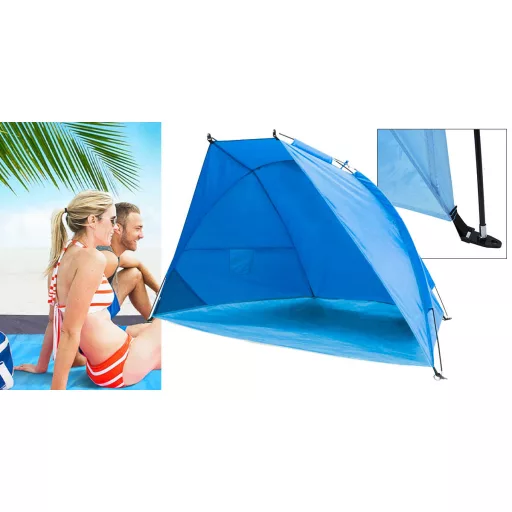 Modra plažna pol šotor 220x110x110 cm s shranjevalnimi žepi, enostavna postavitev