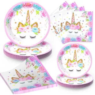   Unicorn Birthday Party Set for 16 Guests - Complete Decorations with Tableware and "Happy Birthday" Banner