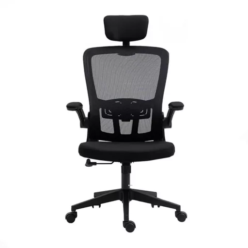 Ergonomski pisarniški stol z ledveno oporo in naslonjalom za glavo - Črn