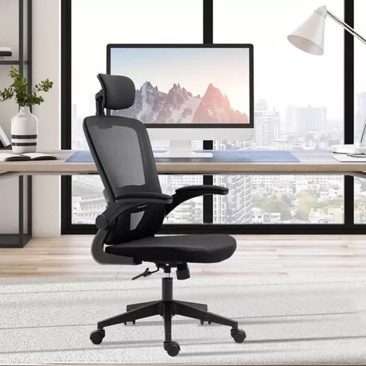 Ergonomski pisarniški stol z ledveno oporo in naslonjalom za glavo - Črn