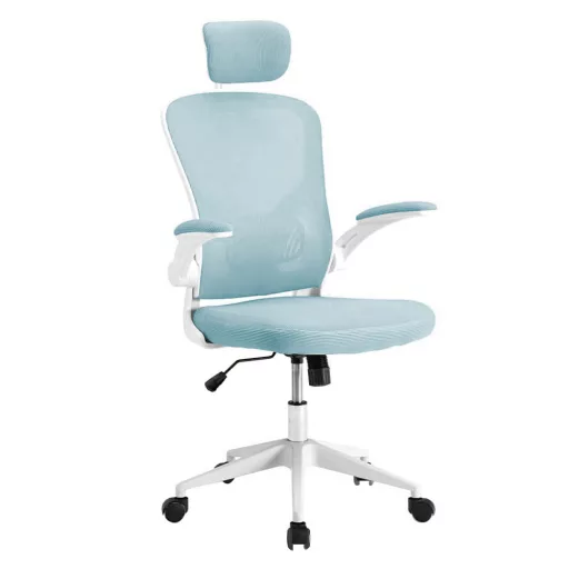 Ergonomski pisarniški stol z ledveno oporo in naslonjalom za glavo - svetlo modra