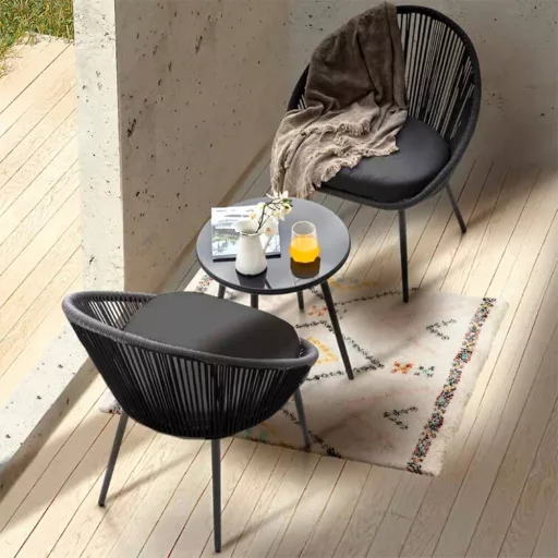 Tkanina zunanja garnitura z 2 oblazinjenima stoli in mizo s stekleno površino